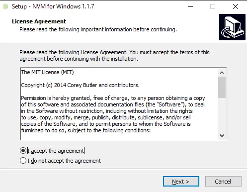 Install NVM for Windows license screen