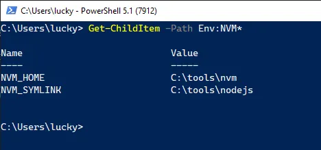 Verify install of NVM for Windows via PowerShell to check environment variables
