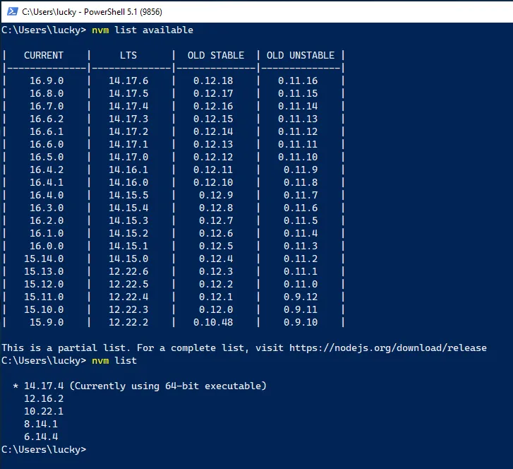 NVM for Windows PowerShell command to list versions of node