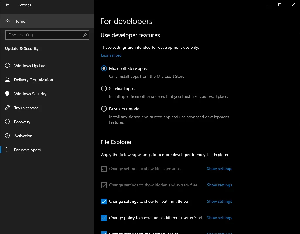 Windows 10 Developer Mode option