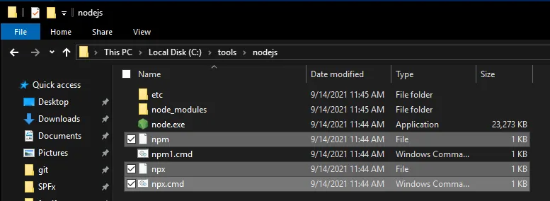 delete additional files: npm, npx, npm.cmd